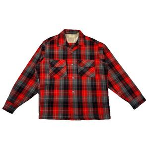 Vintage Sears Roebuck Wool Red Plaid Loop Collar Shirt Men's Large Altered